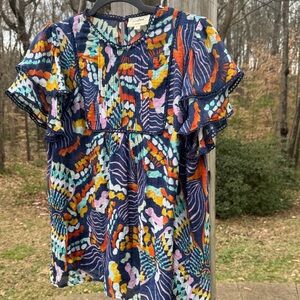 Umgee Navy Multi Floral Wave Ruffle Sleeve Blouse